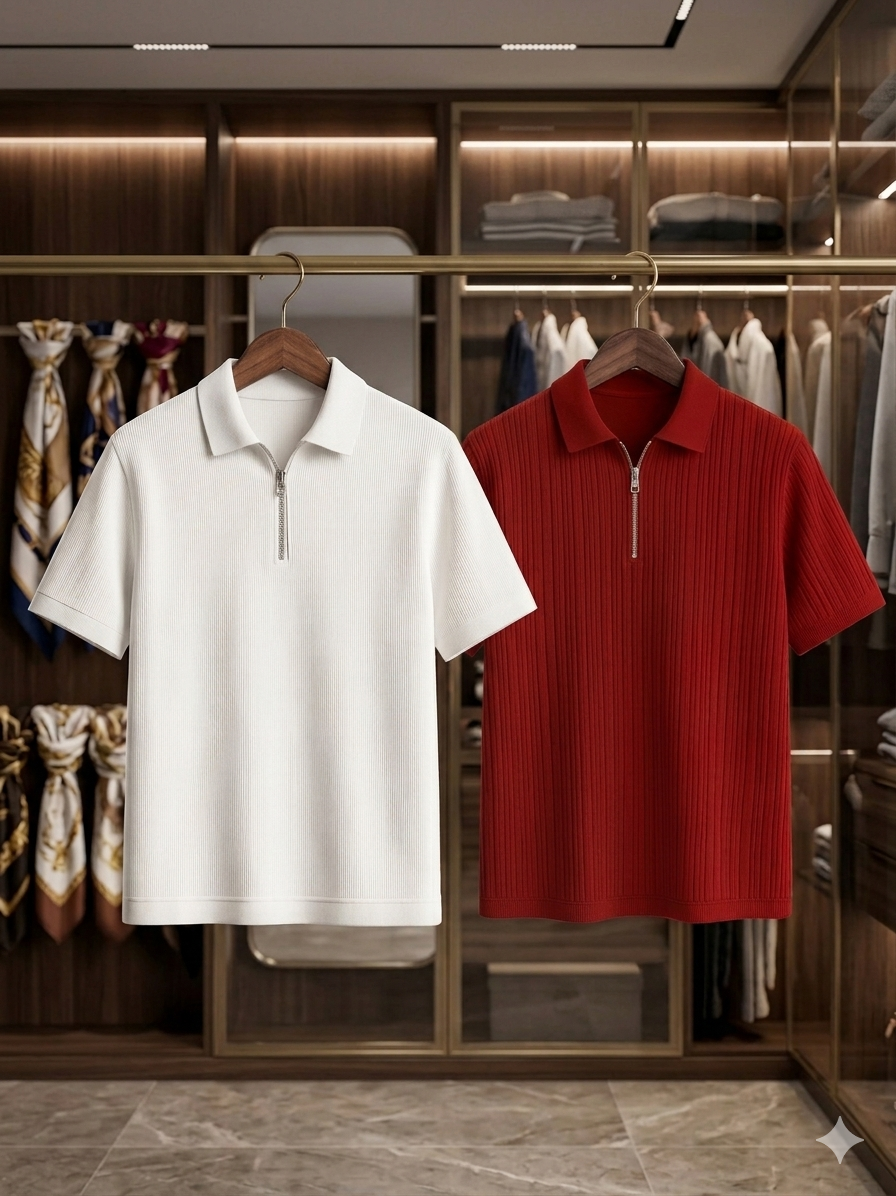 Zipper T-Shirt (White+Maroon) Combo