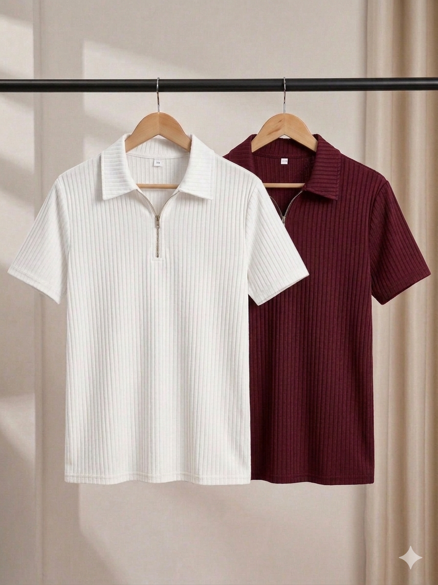 Zipper T-Shirt (White+Maroon) Combo
